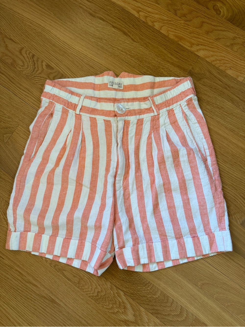 Striped Coral & White High-Rise Bermuda Shorts by